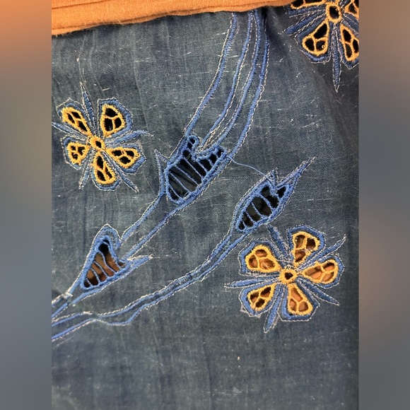 INDAH Bohemian Blue & Tan Cotton Kimono Coverup Cut-Out Floral Detail Top Sz S/M - Picture 6 of 9